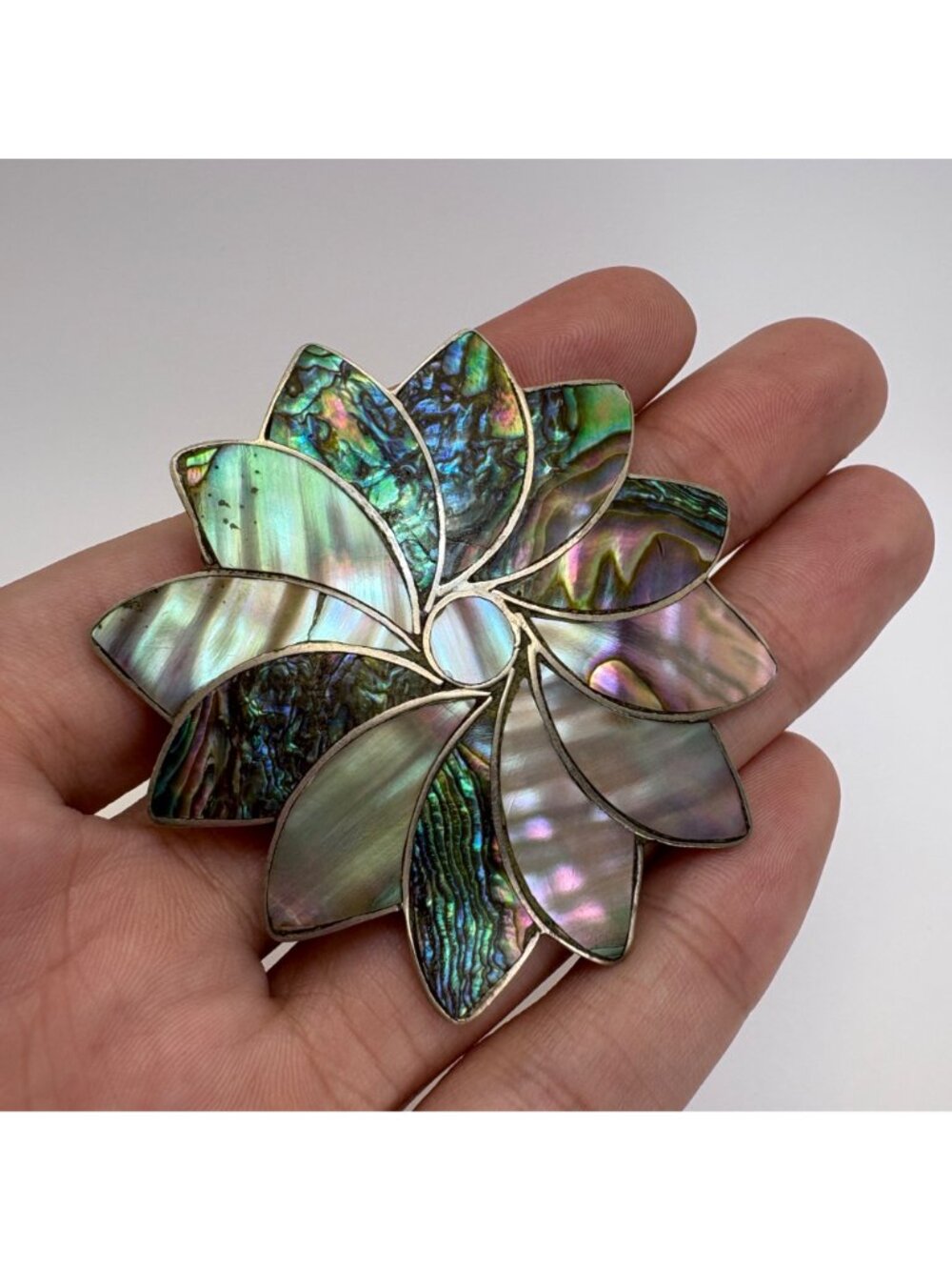 Abalone Flower Design Brooch Solid Sterling Silver 925 Size 2.25" Length - Picture 9 of 12